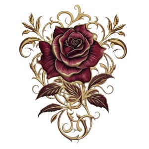 May include: A detailed illustration of a burgundy rose with gold accents and ornate gold filigree. The rose has multiple layers of petals and is surrounded by leaves and swirling gold embellishments, all set against a white background.