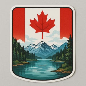 Sticker Kanada Flagge mit Ahornblatt und Bergsee Aufkleber für Wohnmobil Auto Laptop Geschenk für Kanada-Fans und Naturliebhaber