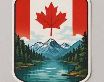 Puede incluir: Una pegatina con una escena paisajística canadiense. La parte superior muestra la bandera canadiense con una hoja de arce roja y rayas rojas. Debajo, se representa una escena de lago con montañas, árboles y agua azul.