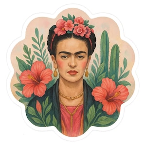 Adesivi floreali di Frida Kahlo | Adesivo di arte botanica | Composizione floreale con ibisco e cactus | Idea regalo per artisti