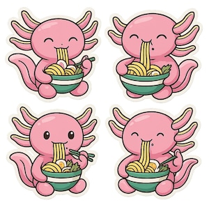 Set di adesivi con simpatici Axolotl che mangiano ramen. Divertente adesivo kawaii per laptop, auto, camper, regalo per gli appassionati di anime e amanti degli animali.
