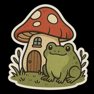 Cute Frog with Mushroom House Sticker – Cartoon Animal Design for Notebooks Laptops Water Bottles and Scrapbooking Funny Nature Sticker