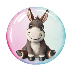 May include: A watercolor illustration of a smiling donkey inside a bubble. The donkey is gray with brown ears and hooves, and a white muzzle. The bubble has a gradient of pink, blue, and green.
