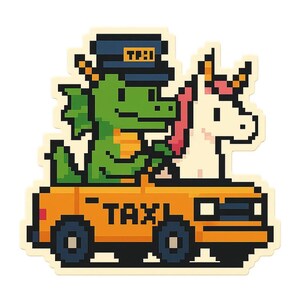 ユニコーンを乗せたタクシー運転手のドラゴン – 面白い漫画ステッカー – 耐候性 – ファンタジー、動物、ユーモアファンへのギフト
