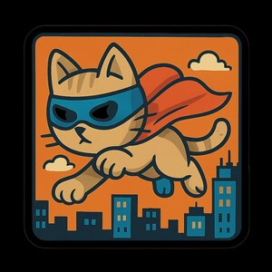 秘密のスーパーヒーロー猫が街中を飛び回る - 面白い漫画ステッカー - 耐候性 - 猫、漫画、ユーモアファンへのギフト