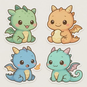 Zestaw naklejek Kawaii Baby Dragon 4 sztuki, urocze naklejki fantasy na laptopa, samochód, kamper, prezent dla dzieci, fani smoków i pocisków