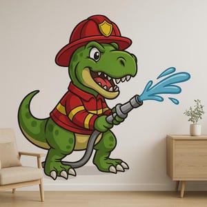 Adhesivo de pared de bombero T-Rex Divertido motivo de dinosaurio con casco y manguera para habitación infantil, sala de juegos o decoración de autocaravanas Fans de los dinosaurios bomberos