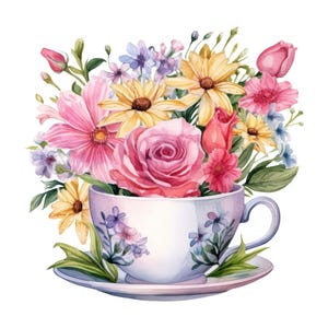 Adesivo per tazza da tè con fiori, adesivo acquerello con tazza floreale, adesivo da parete, adesivo per auto, decorazione, idea regalo per amanti del tè, fiori, amici, romanticismo