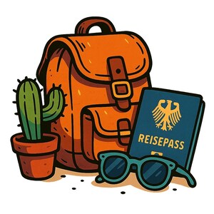 Zaino con passaporto, cactus e occhiali da sole – Adesivo divertente con cartoni animati – Resistente alle intemperie – Regalo per gli amanti dei viaggi e delle avventure all'aria aperta