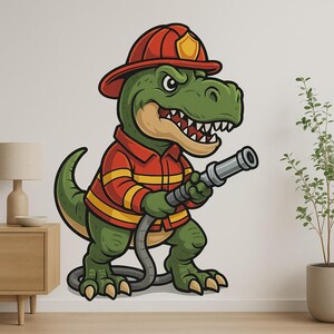 Adhesivo de pared de bombero T-Rex Divertido motivo de dinosaurio con casco y manguera para habitación infantil, sala de juegos o decoración de autocaravanas Fans de los dinosaurios bomberos