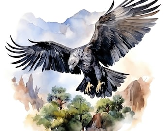 May include: A watercolor painting of a black and gray eagle with its wings spread wide, flying over a mountain range. The eagle is in focus, while the mountains are blurred in the background.