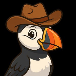 Adesivo per esterni "Puffin con cappello da cowboy", in vinile resistente ai raggi UV, realizzato con pellicola di alta qualità di Orafol.