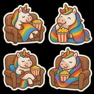 Lindo juego de pegatinas de unicornio, pegatinas de unicornio arcoíris, unicornio de dibujos animados con palomitas de maíz, decoración divertida de unicornio, pegatinas para habitación infantil, kawaii