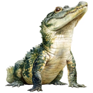 Könnte beinhalten: Aquarellillustration eines grünen und gelben Alligators mit detaillierter, strukturierter Haut. Der Alligator ist in sitzender Position dargestellt, mit nach oben geneigtem Kopf, der seine scharfen Zähne und braunen Augen zeigt. Das Kunstwerk hat einen realistischen Stil.