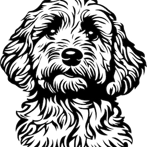 Op de afbeelding: Zwart-wit illustratie van een hondenkop, met een pluizige vacht en expressieve ogen. De neus en mond van de hond zijn duidelijk gedefinieerd, met gedetailleerde vachtpatronen. Geschikt voor grafisch ontwerp.