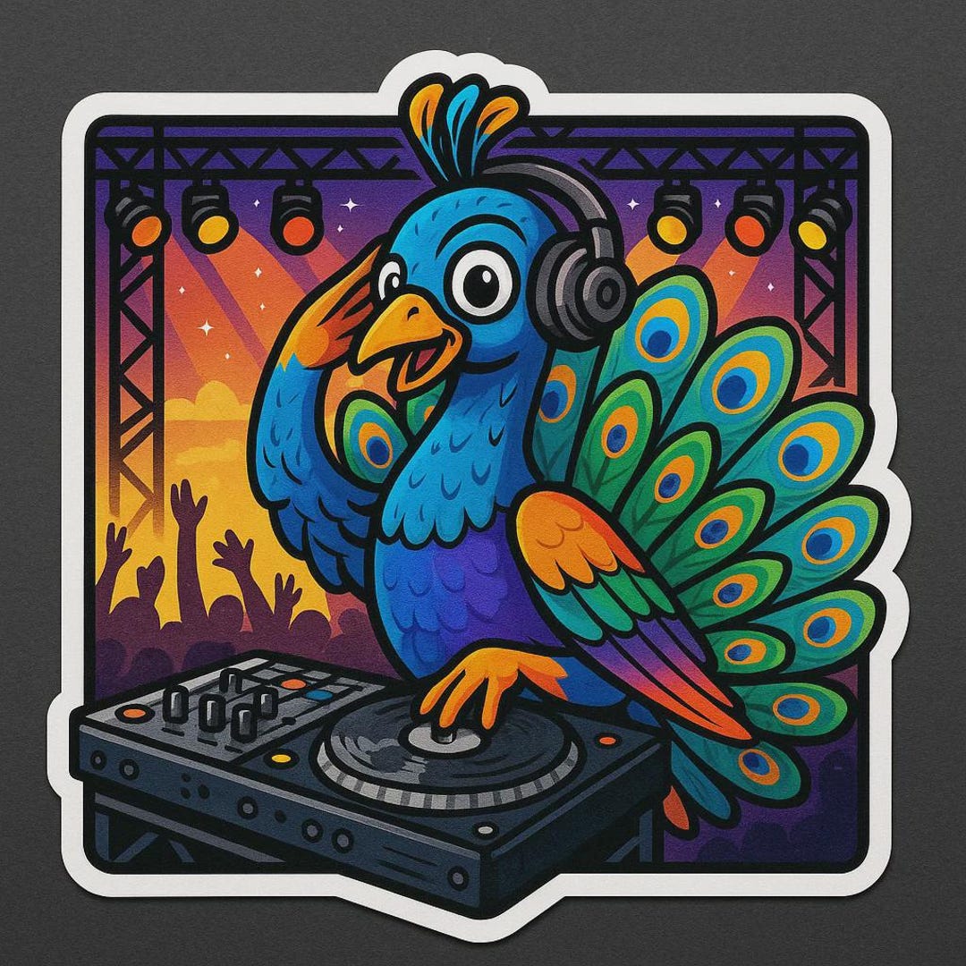 Peacock DJ Sticker on Festival Stage Colorful Bird Comic Sticker for ...