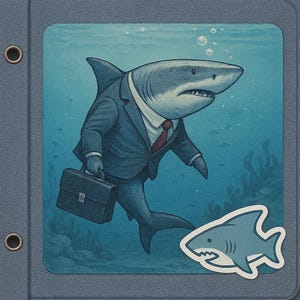 Autocollant de requin en costume avec une mallette. Autocollant de bande dessinée d'entreprise amusant pour l'humour au bureau, la voiture, l'ordinateur portable ou comme cadeau pour les collègues.