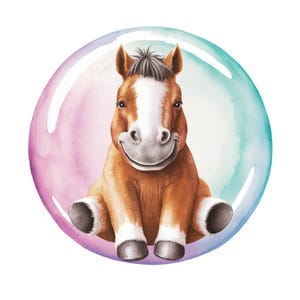 May include: A watercolor illustration of a smiling brown horse with a white blaze, sitting inside a large bubble. The bubble has a gradient of pink, blue, and green colors.