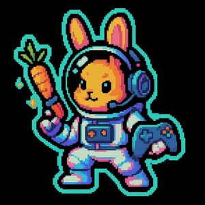 Conejito astronauta con pistola espacial de zanahoria – Pegatina divertida de dibujos animados – Resistente a la intemperie – Regalo para amantes del espacio, los animales y el humor