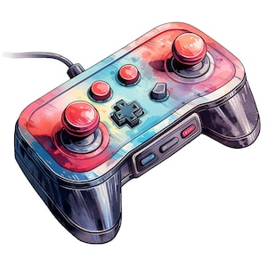 Könnte beinhalten: Ein bunter, tie-dye-gemusterter Videospiel-Controller mit roten Knöpfen und einem schwarzen Kabel.
