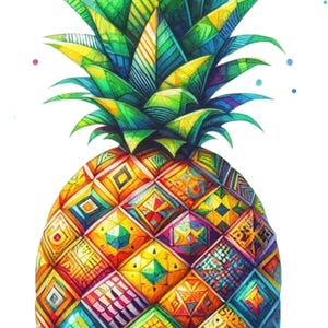 Peut inclure: Illustration aquarelle d'un ananas aux couleurs vives. Le fruit présente un motif géométrique coloré dans les tons de rouge, jaune, vert et bleu. La couronne épineuse est verte et jaune, avec des coups de pinceau détaillés.