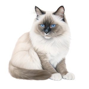 Könnte beinhalten: Detaillierte Illustration einer Birma-Katze, mit cremefarbenem Körper und dunkleren Punkten an Gesicht, Ohren und Schwanz. Die Katze hat leuchtend blaue Augen und wird in sitzender Position dargestellt, wobei ihr flauschiges Fell zur Geltung kommt.