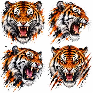 Könnte beinhalten: Ein Set aus vier Illustrationen von Tigerköpfen mit orangefarbenem, schwarzem und weißem Fell. Jeder Tiger ist mit geöffnetem Maul und sichtbaren scharfen Zähnen dargestellt, vor einem Hintergrund mit dynamischen orangefarbenen und schwarzen Farbspritzern.