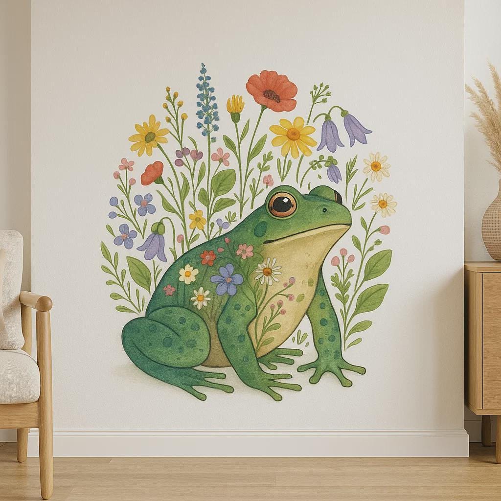 Wildflower frog wall sticker – Playful nature motif with flowers and frog for living room, children's room or mobile home decoration