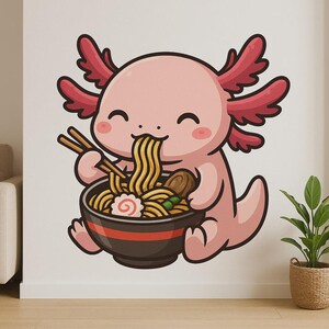 Adhesivo de pared de un lindo ajolote comiendo ramen: divertido motivo animal para decorar la cocina, la habitación de los niños o la autocaravana para los amantes de los anfibios kawaii y del ramen.