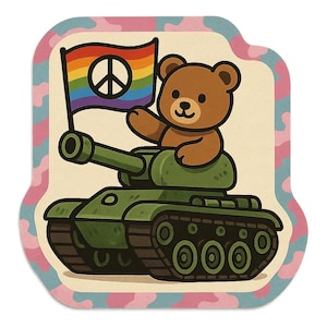 Adesivo orsacchiotto in un carro armato con bandiera della pace Adesivo fumetto per gli amanti dei coccoloni Satirici anti-guerra e nerd militari con ironia
