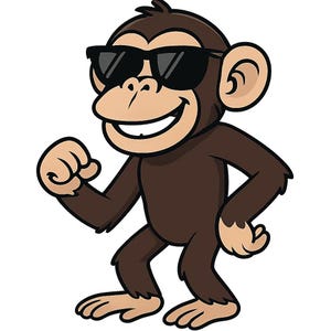 May include: Cartoon illustration of a brown monkey wearing black sunglasses, smiling, and walking. The monkey has a light brown face and hands, with a dark brown body. The monkey is walking with its right arm raised and its left arm at its side.