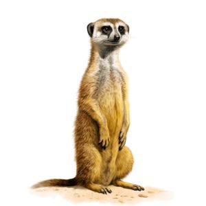 May include: A detailed illustration of a meerkat standing upright on its hind legs. The meerkat has tan and brown fur, a light-colored face with dark eyes, and small, dark ears. The background is white with a hint of sand at the bottom.