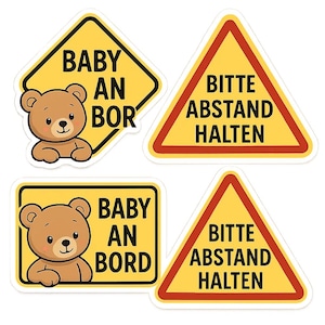 Zestaw naklejek Naklejka „Baby on Board” z misiem i znakiem ostrzegawczym – Zachowaj dystans – Urocza i funkcjonalna naklejka na samochód