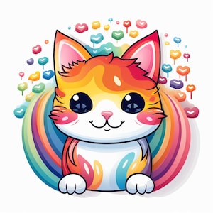 Pegatina de gato kawaii: colorida pegatina de arcoíris con un adorable gato de dibujos animados y corazones para los fans del Orgullo y con adorables motivos de animales.