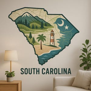 South Carolina Kartenlandschaft Wandtattoo – Naturmotiv mit Bundesstaat-Umriss für Wohnzimmer, Büro oder Wohnmobil Deko für USA Reise-Fans