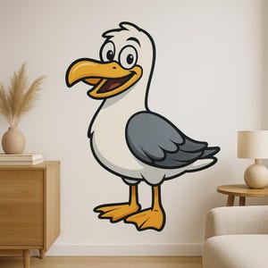 Sticker mural drôle de mouette de dessin animé - Oiseau ludique dans un style comique pour la décoration de salle de bain, de chambre d'enfant ou de camping-car fans côtiers amoureux des animaux