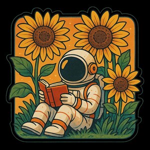 Astronauta galattico in un mare di fiori, seduto tra i girasoli mentre legge un libro. Adesivo a forma di cartone animato resistente alle intemperie: regalo per gli appassionati di libri sullo spazio.