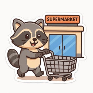ショッピングカート付きアライグマのステッカー - 面白い車のステッカー - 耐候性があり、日常使用に最適 - 動物ファンや買い物好きの方へのギフト