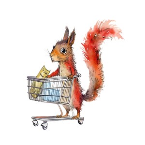 Peut inclure: Illustration à l'aquarelle d'un écureuil poussant un chariot de courses. L'écureuil est brun-roux avec une queue touffue et tient un reçu jaune. Le chariot contient des provisions. L'image est sur fond blanc.
