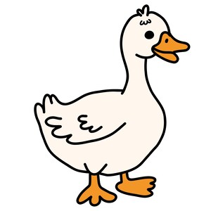 Könnte beinhalten: Cartoon-Illustration einer weißen Gans mit schwarzer Umrandung. Die Gans hat einen orangefarbenen Schnabel und Füße. Die Gans geht und hat einen freundlichen Ausdruck.
