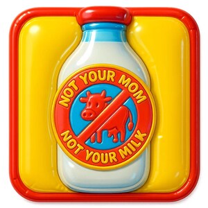 Not Your Mom, Not Your Milk“ – Milchflasche mit durchgestrichenem Zeichen – Vegan Cartoon-Sticker – wetterfest – Statement & Humor