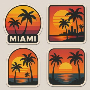 Set di adesivi con il tramonto di Miami, adesivo Palm Beach, motivo di vacanza tropicale, souvenir di viaggio, adesivo per laptop, decorazione colorata, idea regalo