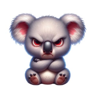 Könnte beinhalten: Cartoon-Illustration eines wütenden Koala-Bären mit grauem Fell, roten Augen und verschränkten Armen. Der Koala sitzt mit sichtbaren Pfoten. Die Ohren haben rosa Akzente.