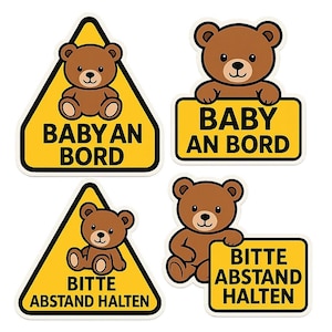 Zestaw naklejek Naklejka „Baby on Board” z misiem i znakiem ostrzegawczym – Zachowaj dystans – Urocza i funkcjonalna naklejka na samochód