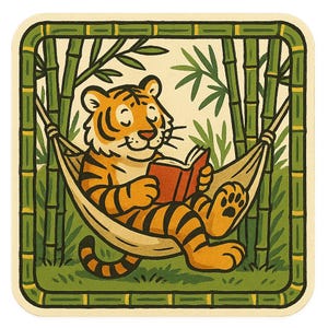 Adesivo tigre con libro su amaca Divertente adesivo fumetto tigre che legge per gli amanti dei libri angoli di lettura e fan dei gatti selvatici