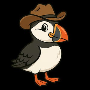 Adesivo per esterni "Puffin con cappello da cowboy", in vinile resistente ai raggi UV, realizzato con pellicola di alta qualità di Orafol.
