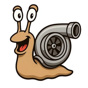 May include: A cartoon image of a snail with a turbocharger. The snail is tan with large eyes and a smiling mouth. The turbocharger is silver and grey, suggesting speed and power.