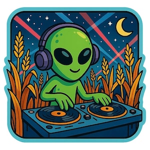 コーンフィールドディスコでレコードプレーヤーを持つエイリアンDJ - 面白い漫画ステッカー - 耐候性 - SF、パーティー、ユーモアファンへのギフト