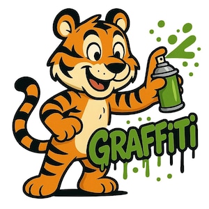 May include: A cartoon tiger in orange and black stripes holds a green spray can, spraying green paint. The word "GRAFFITI" is written in green with a dripping paint effect. The tiger is smiling.