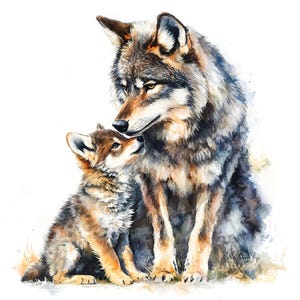 Peut inclure: Peinture à l'aquarelle d'un loup et d'un louveteau. Le loup adulte a une fourrure brune et grise, avec un regard attentif. Le louveteau, de couleur similaire, regarde vers le haut. L'œuvre est réalisée sur fond blanc, avec de subtils détails herbeux.